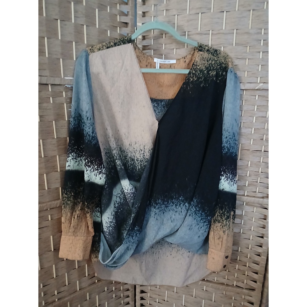 Derek Lam 10 Crossbody Silk Blend Faux Wrap Blouse Sz 8 Multicolor Abstract